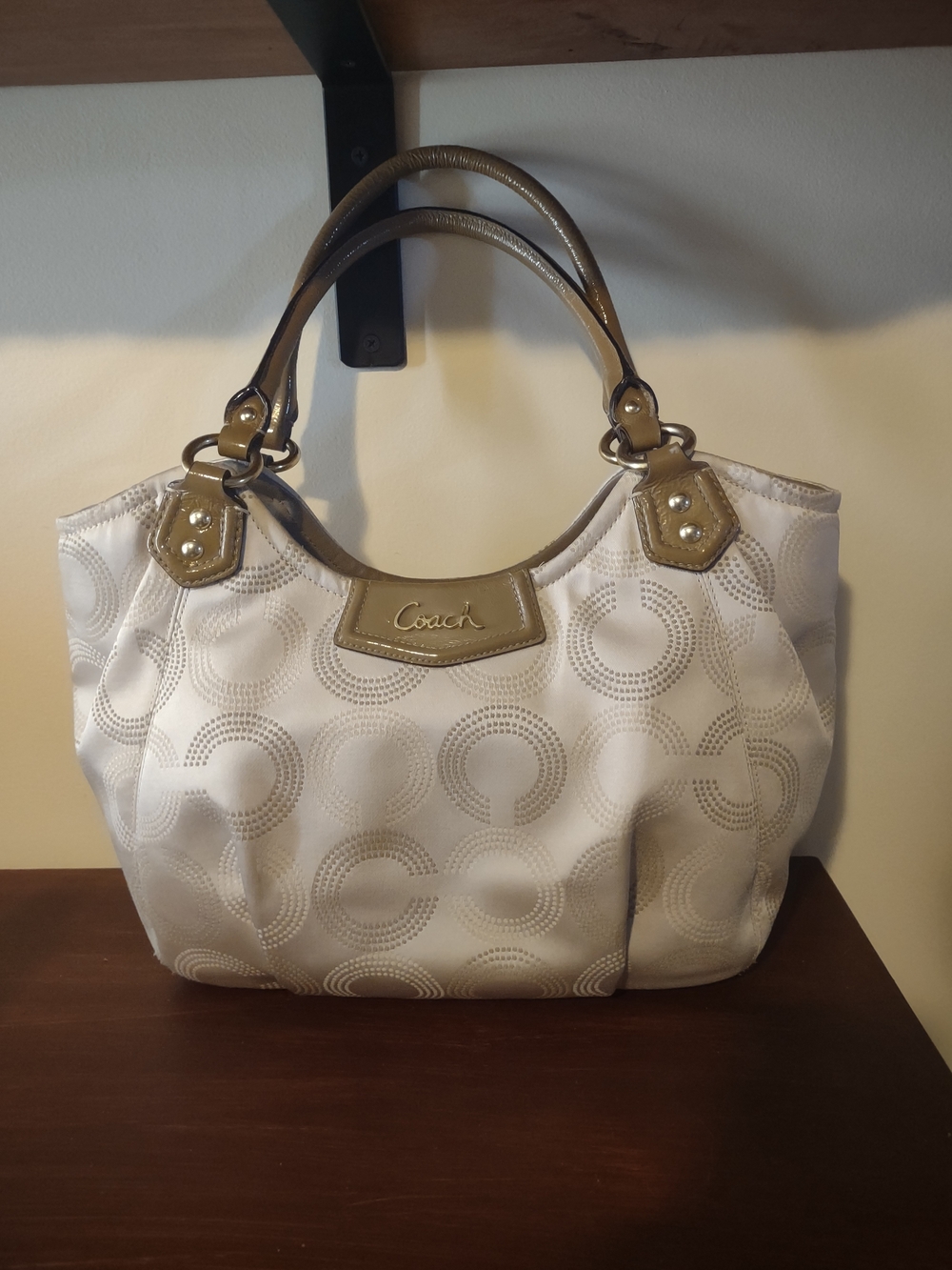 Coach White and Taupe Signature Satchel